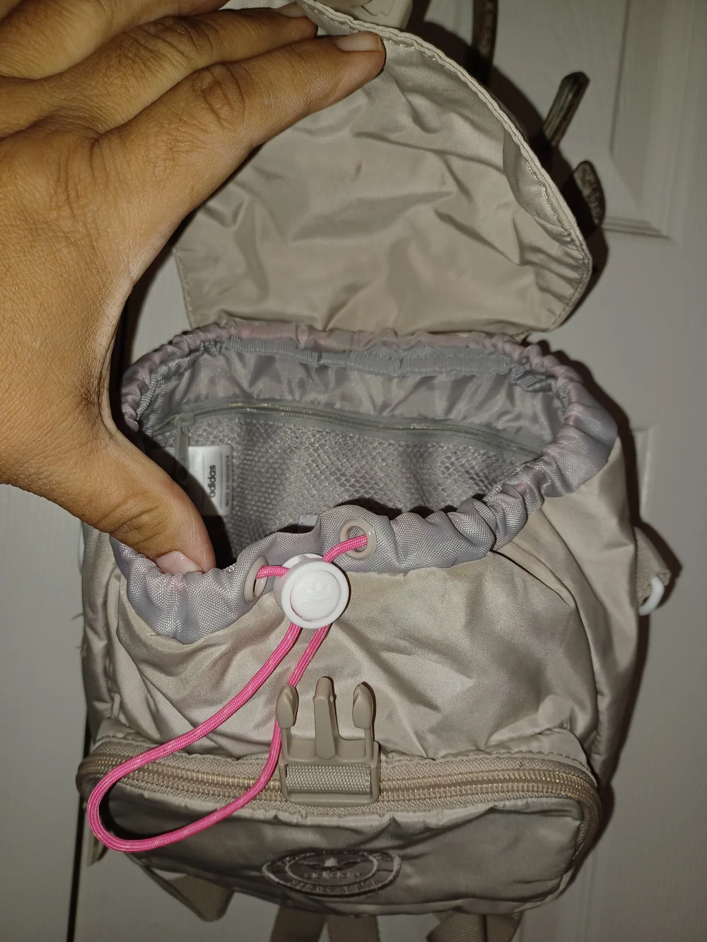 Adidas Women's Small Cream Nylon Backpack with Pink Accent